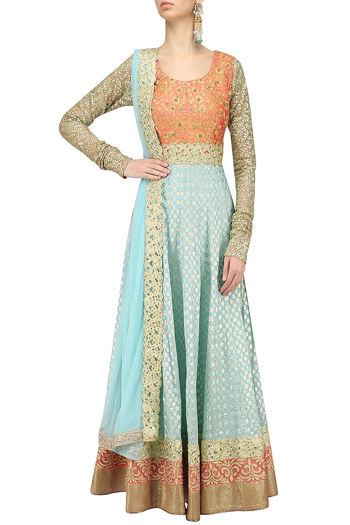 Mint blue and peach embroidered anarkali available only at Pernia's Pop Up Shop.