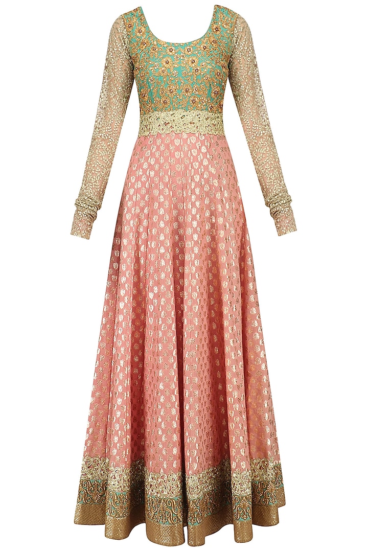 Peach and Mint Green Embroidered Anarkali Set by Kylee