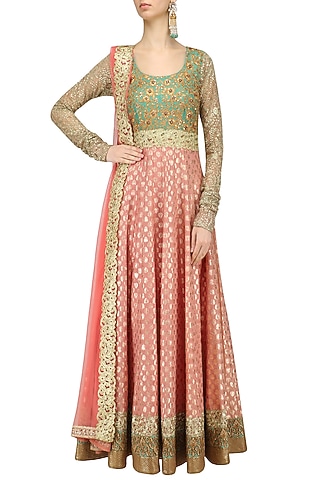 Peach and Mint Green Embroidered Anarkali Set by Kylee