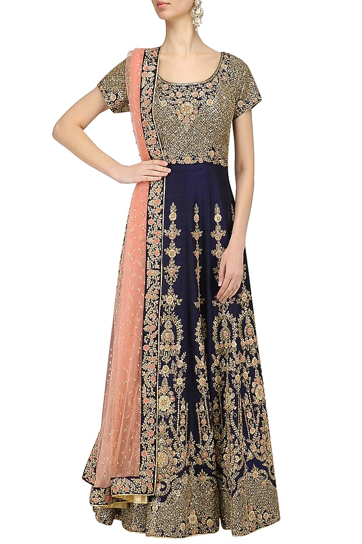 Navy and peach embroidered anarkali set available only at Pernia's Pop Up Shop.