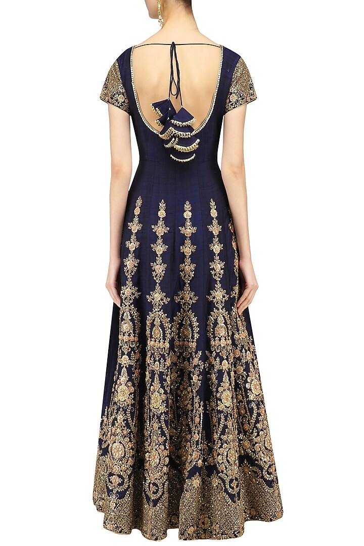 Navy and peach embroidered anarkali set available only at Pernia's Pop Up Shop.