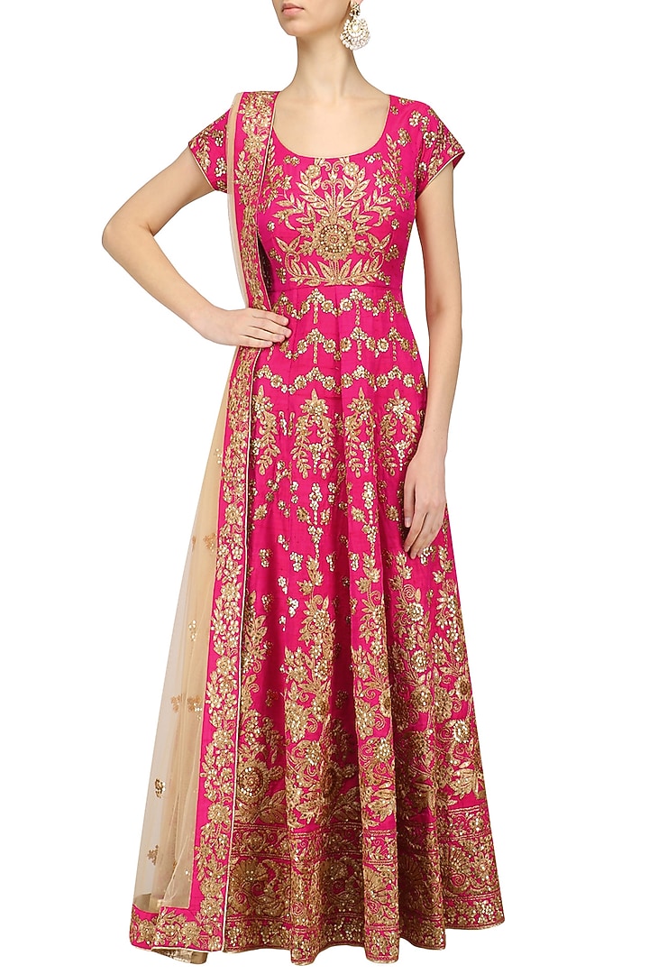 Magenta and beige embroidered anarkali available only at Pernia's Pop Up Shop.