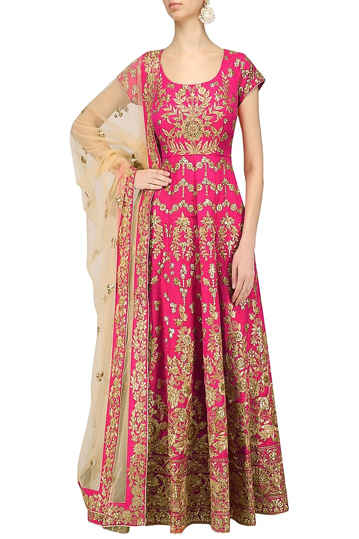 Magenta and beige embroidered anarkali available only at Pernia's Pop Up Shop.