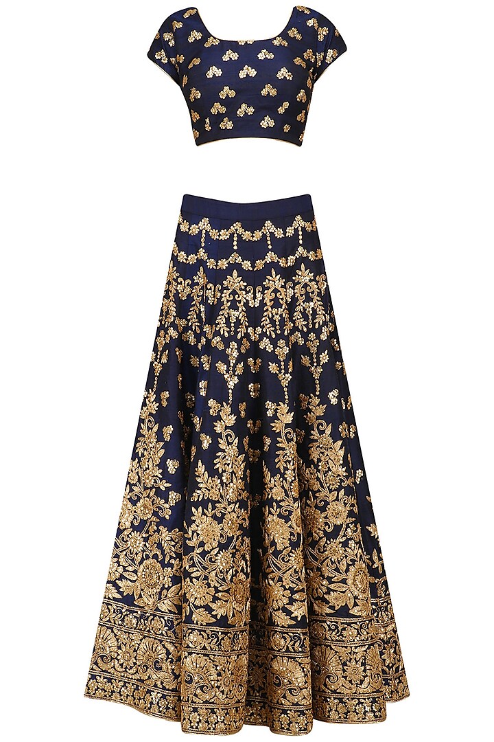 Navy and Gold Embroidered Lehenga Set by Kylee