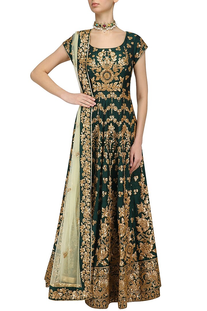 Bottle green embroidered anarkali set available only at Pernia's Pop Up Shop.