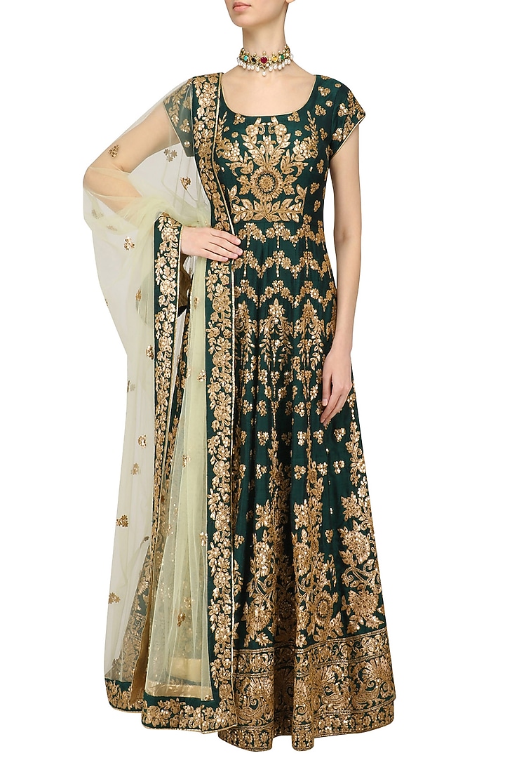 Bottle green embroidered anarkali set available only at Pernia's Pop Up Shop.
