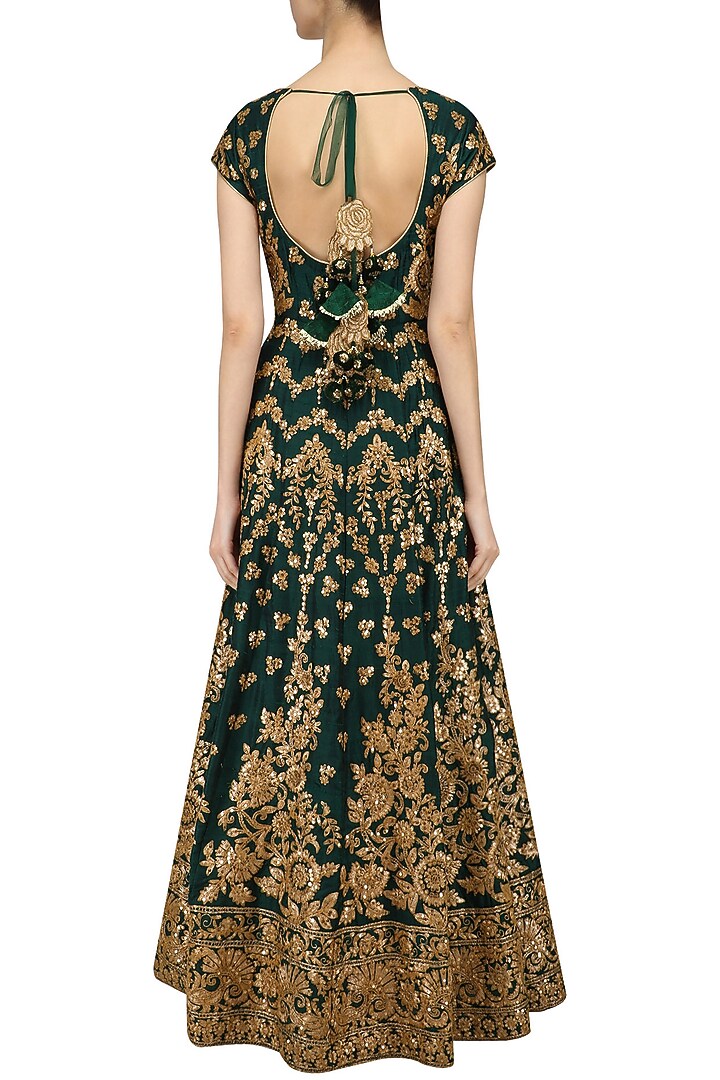 Bottle green embroidered anarkali set available only at Pernia's Pop Up Shop.