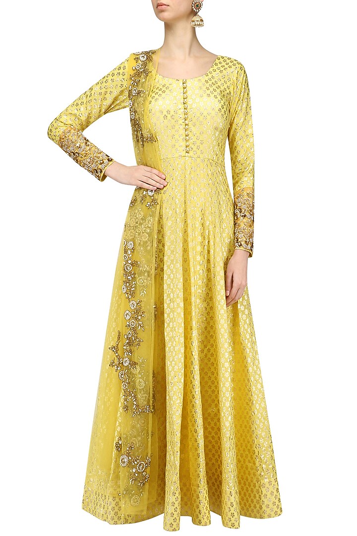 Lemon embroidered foil anarkali set available only at Pernia's Pop Up Shop.