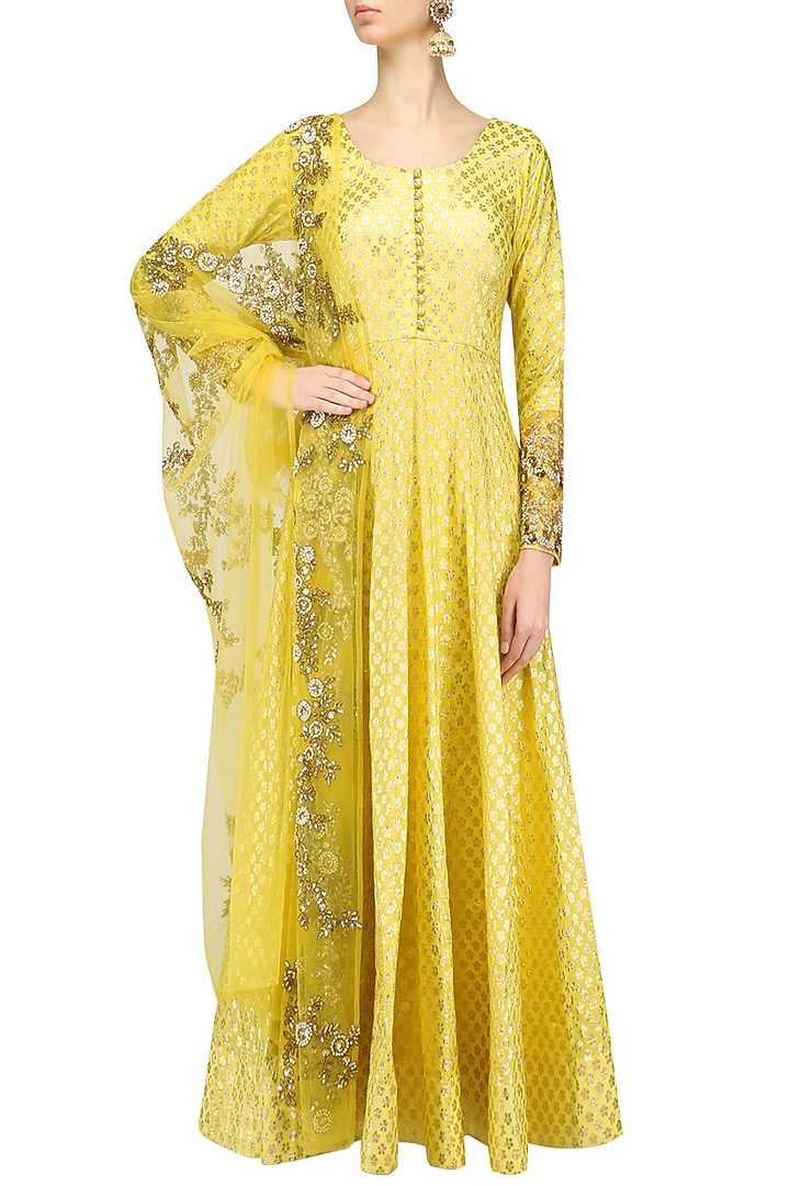 Lemon embroidered foil anarkali set available only at Pernia's Pop Up Shop.
