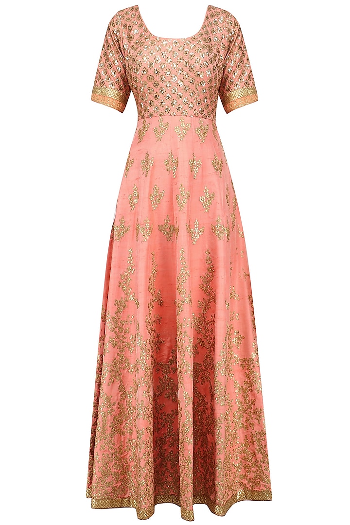 Peach and Light Green Embroidered Anarkali Set by Kylee