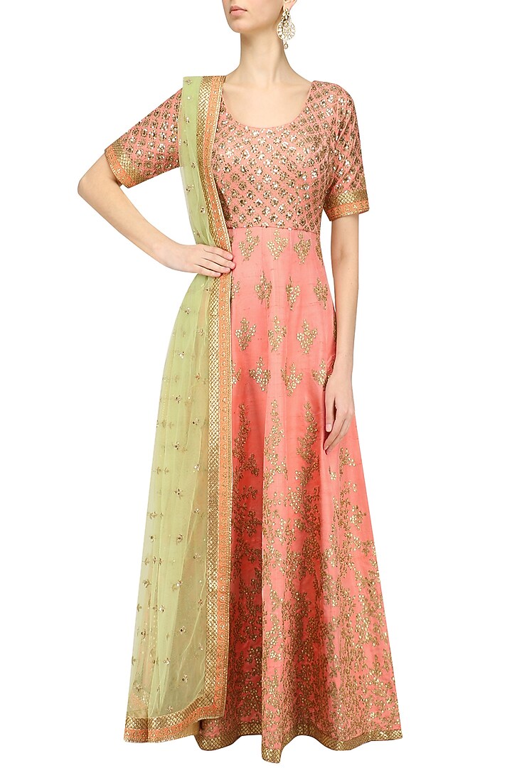 Peach and light green embroidered anarkali set available only at Pernia's Pop Up Shop.