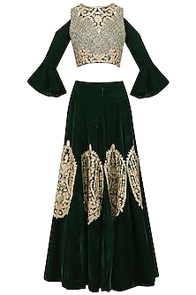 Bottle green floral and paisley embroidered crop top and skirt set ...