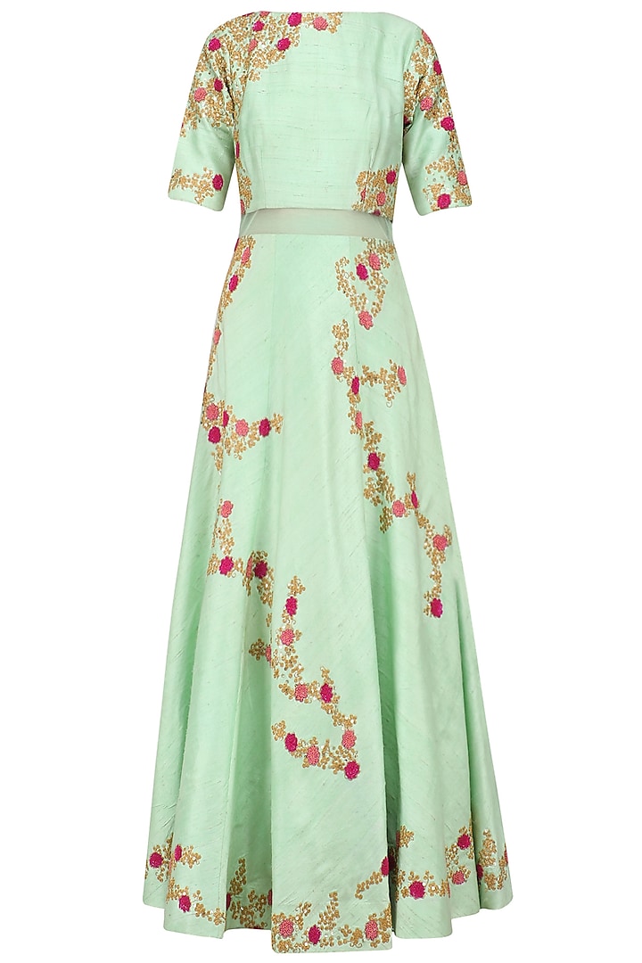 Mint Green and Peach Floral Embroidered Anarkali Set by Kylee