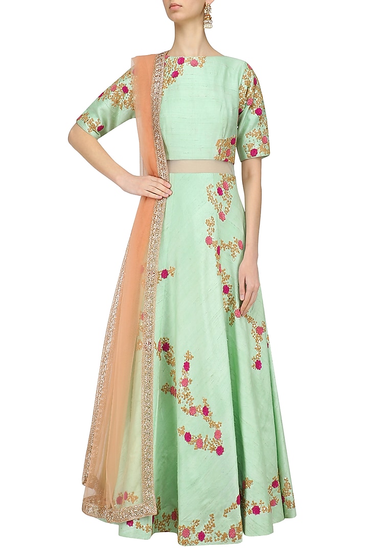 Mint green and peach floral embroidered anarkali set available only at Pernia's Pop Up Shop.