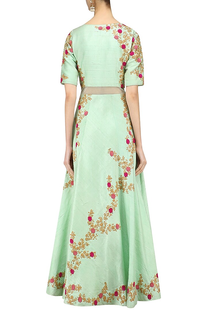 Mint green and peach floral embroidered anarkali set available only at Pernia's Pop Up Shop.
