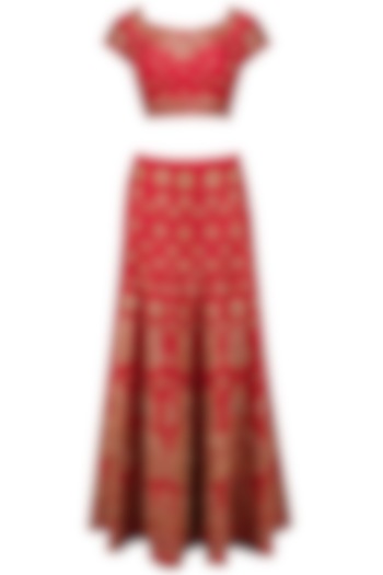 Red Embroidered Lehenga Set by Kylee