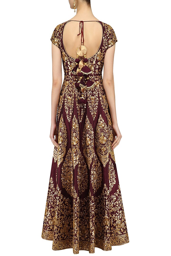 Maroon and gold embroidered anarkali set available only at Pernia's Pop Up Shop.