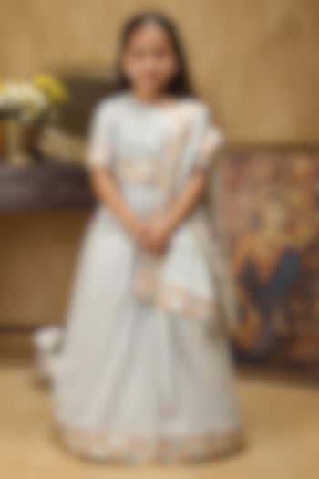 Pastel Blue Satin Floral Embroidered Lehenga Set For Girls by Les Petits at Pernia's Pop Up Shop