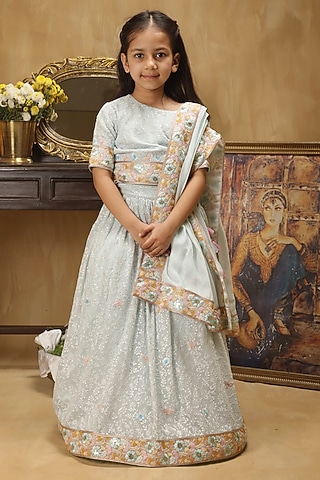 Pastel Blue Satin Floral Embroidered Lehenga Set For Girls by Les Petits