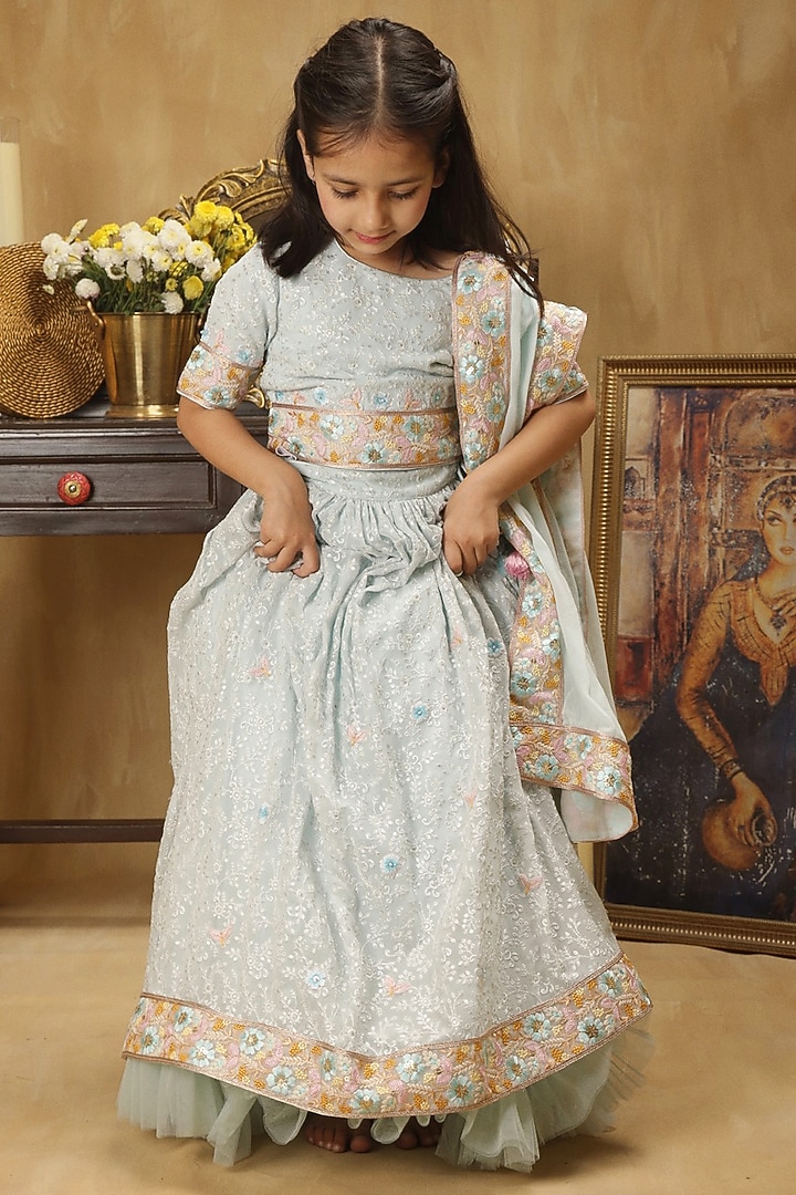 Pastel Blue Satin Floral Embroidered Lehenga Set For Girls by Les Petits at Pernia's Pop Up Shop