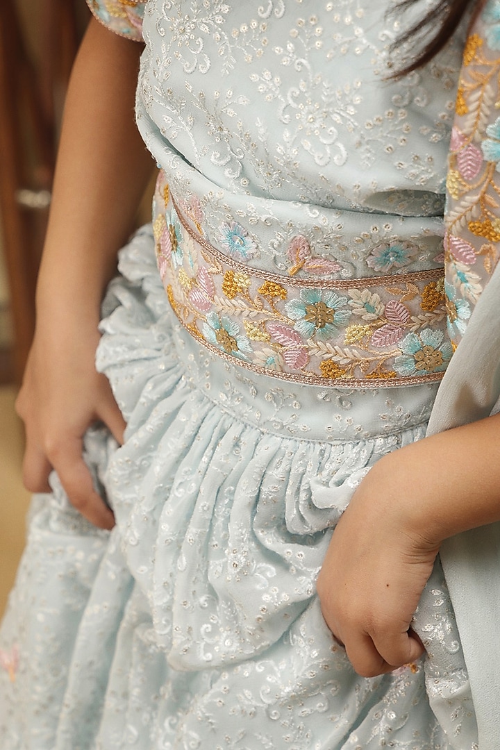 Pastel Blue Satin Floral Embroidered Lehenga Set For Girls by Les Petits at Pernia's Pop Up Shop