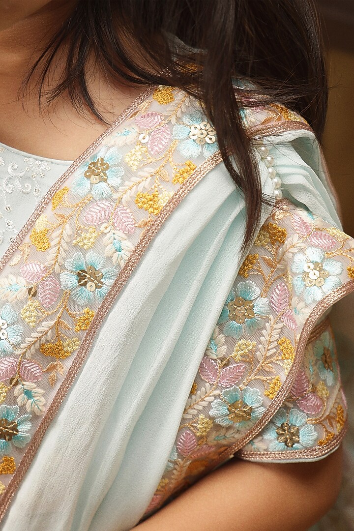Pastel Blue Satin Floral Embroidered Lehenga Set For Girls by Les Petits at Pernia's Pop Up Shop