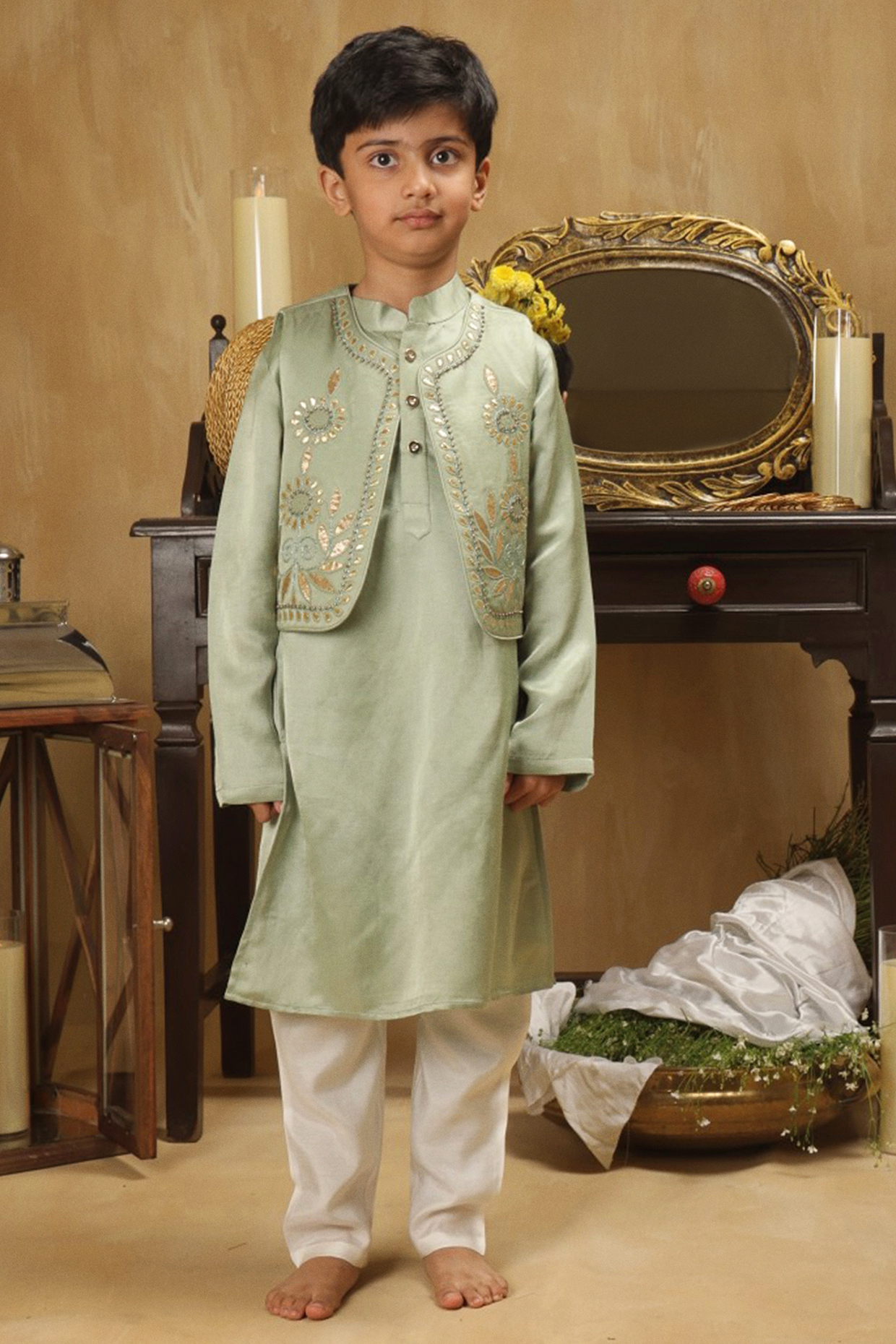 Green Cotton Embroidered Jacket Set For Boys by Les Petits
