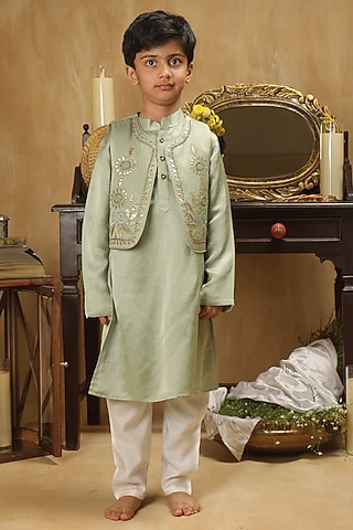 Green Cotton Embroidered Jacket Set For Boys by Les Petits