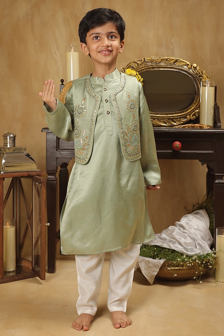 Green Cotton Embroidered Jacket Set For Boys by Les Petits at Pernia's Pop Up Shop