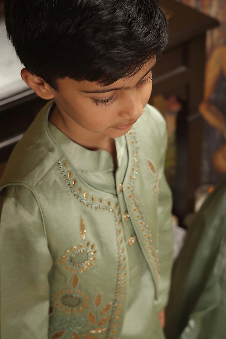Green Cotton Embroidered Jacket Set For Boys by Les Petits at Pernia's Pop Up Shop