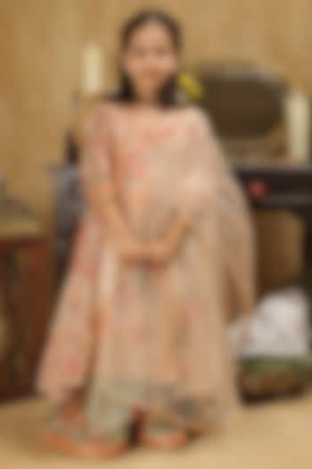 Pastel Pink & Green Cotton Floral Sharara Set For Girls by Les Petits at Pernia's Pop Up Shop