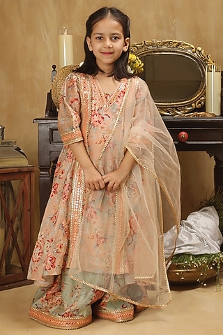 Pastel Pink & Green Cotton Floral Sharara Set For Girls by Les Petits