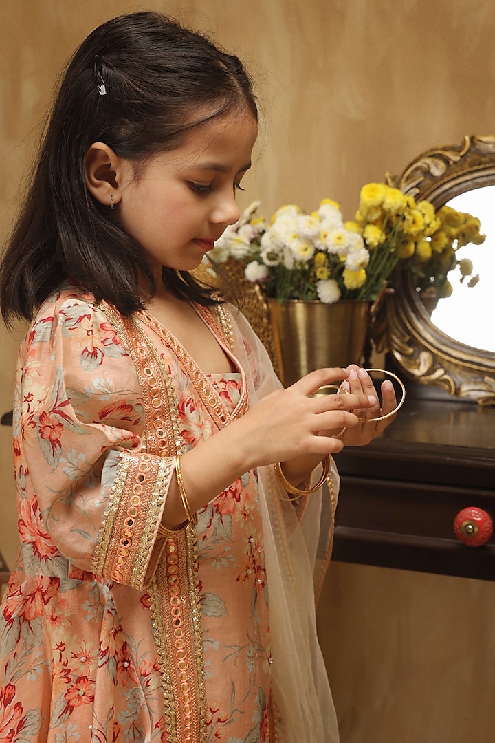 Pastel Pink & Green Cotton Floral Sharara Set For Girls by Les Petits at Pernia's Pop Up Shop