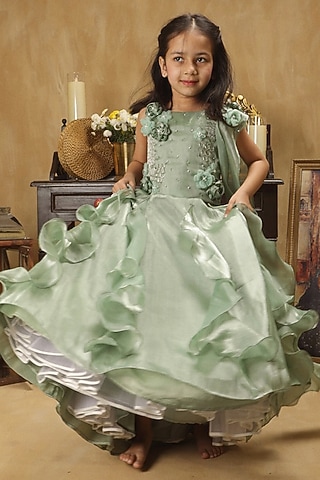 Mint Green Satin Ruffled Lehenga Set For Girls by Les Petits