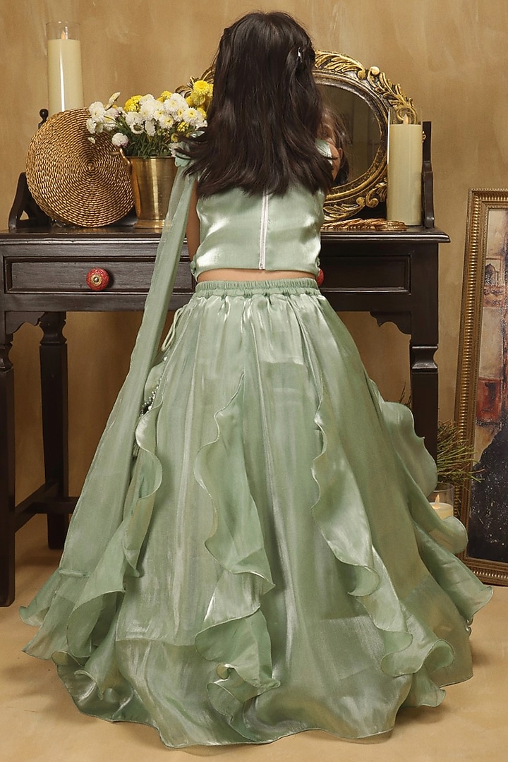 Mint Green Satin Ruffled Lehenga Set For Girls by Les Petits at Pernia's Pop Up Shop