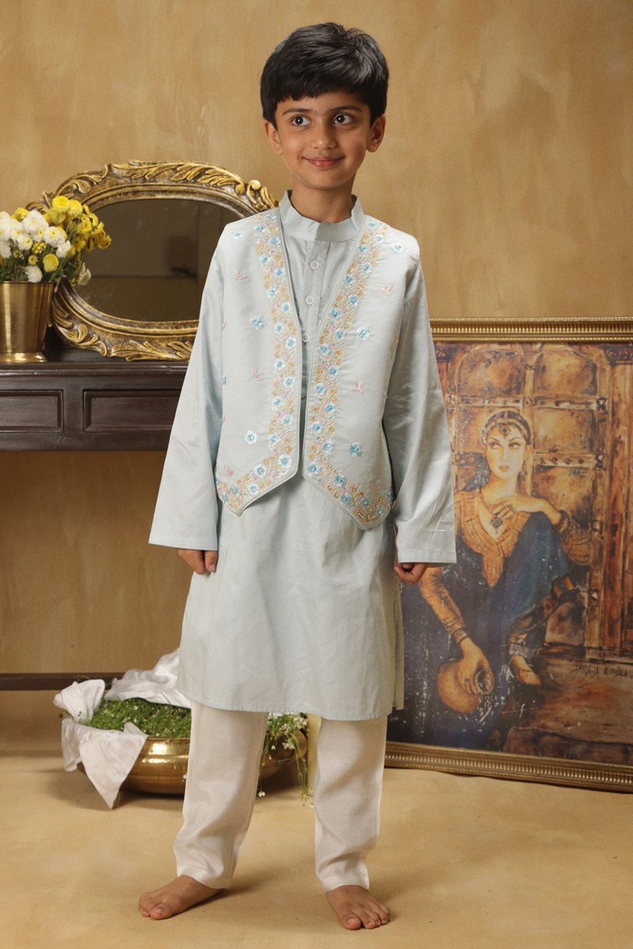 Sky Blue Cotton Embroidered Jacket Set For Boys by Les Petits