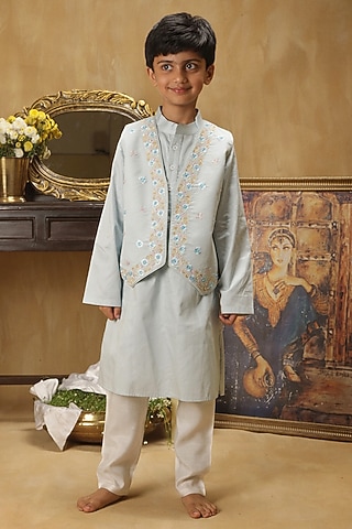 Sky Blue Cotton Embroidered Jacket Set For Boys by Les Petits