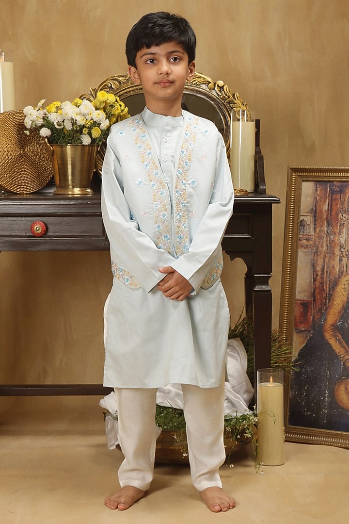Sky Blue Cotton Embroidered Jacket Set For Boys by Les Petits at Pernia's Pop Up Shop