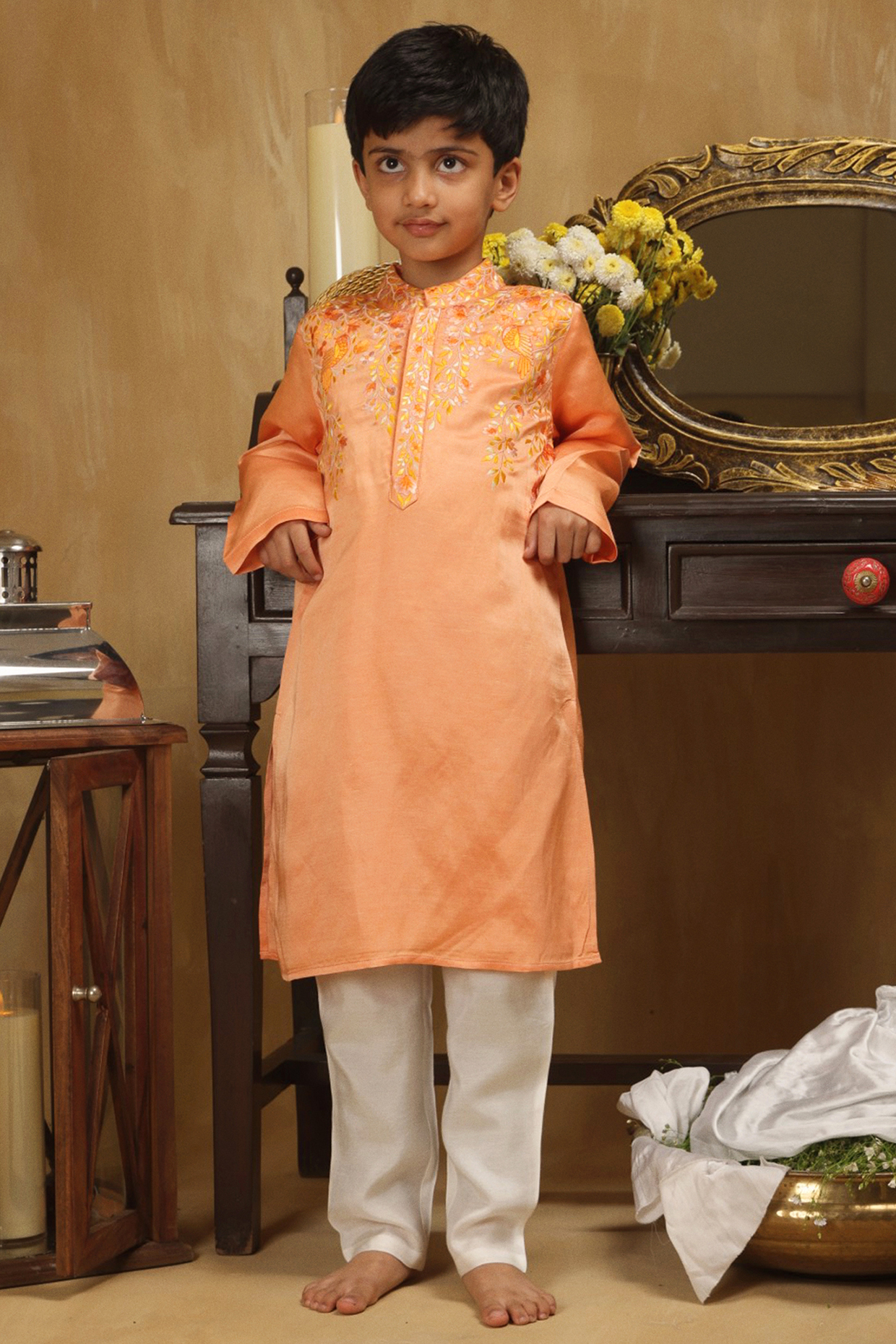Orange Cotton Floral Embroidered Kurta Set For Boys by Les Petits