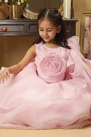 Pastel Pink Satin Ruffled Lehenga Set For Girls by Les Petits