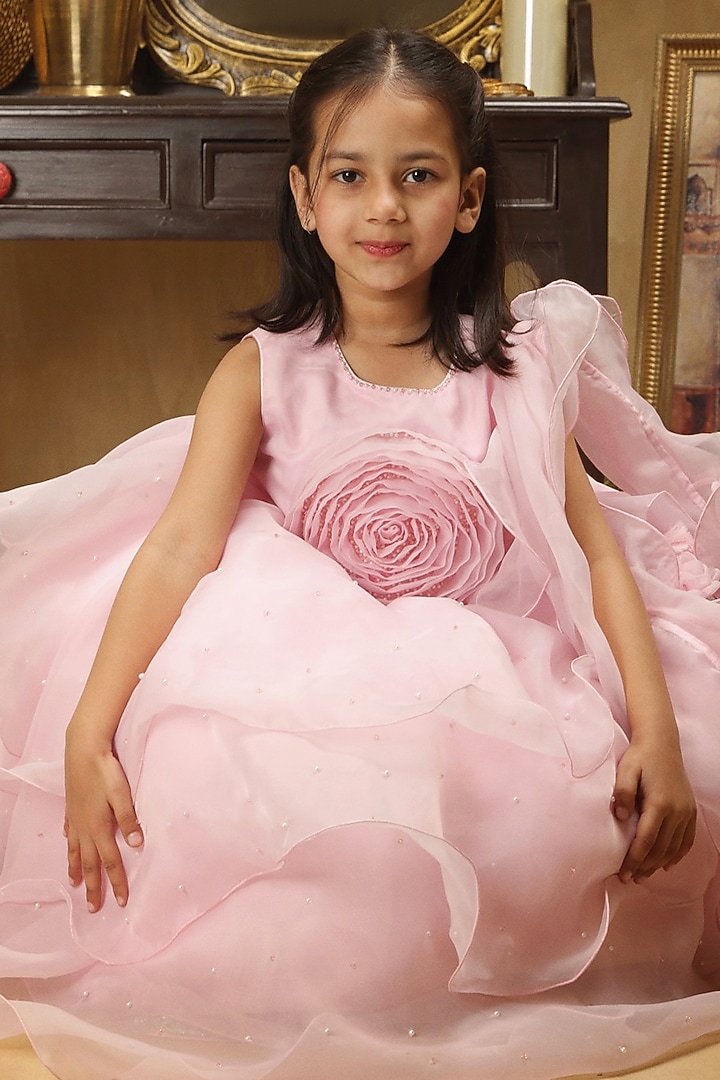 Pastel Pink Satin Ruffled Lehenga Set For Girls by Les Petits at Pernia's Pop Up Shop