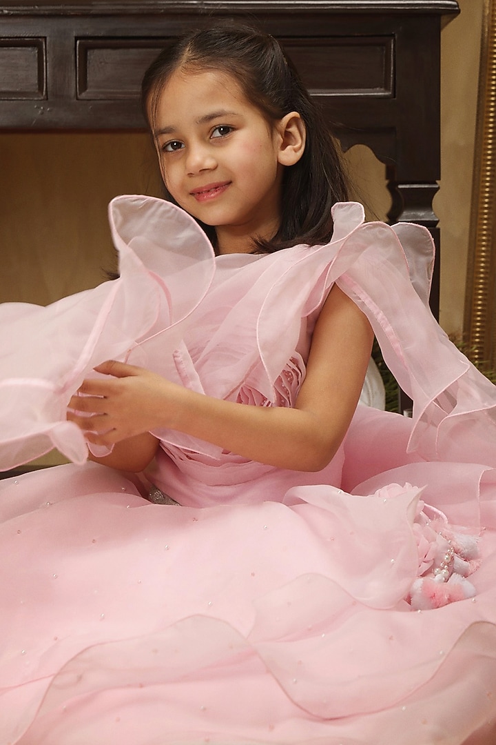 Pastel Pink Satin Ruffled Lehenga Set For Girls by Les Petits at Pernia's Pop Up Shop