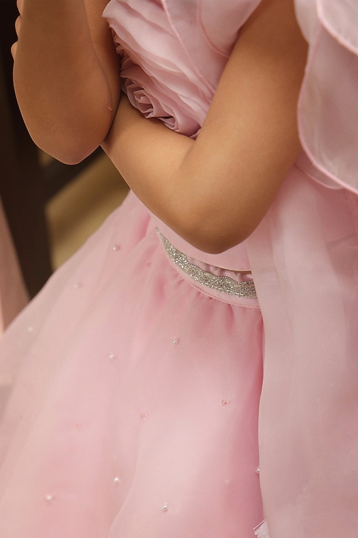 Pastel Pink Satin Ruffled Lehenga Set For Girls by Les Petits at Pernia's Pop Up Shop