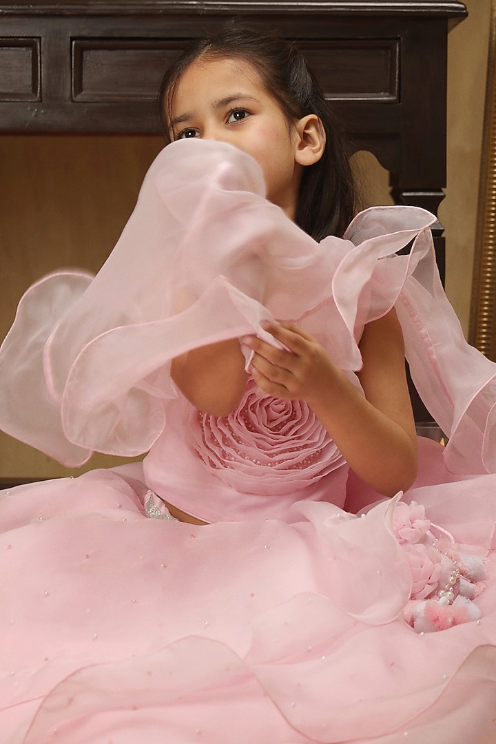 Pastel Pink Satin Ruffled Lehenga Set For Girls by Les Petits at Pernia's Pop Up Shop