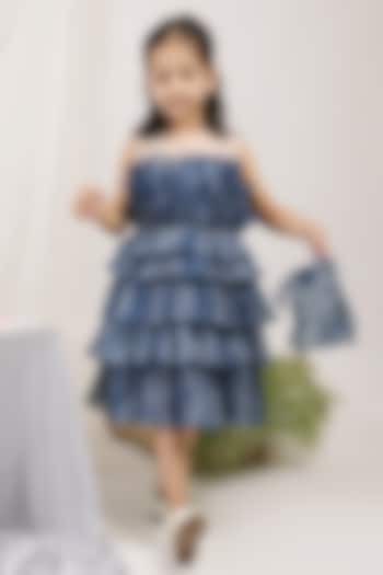 Blue Cotton Organza Textured Ruffled Dress For Girls by Les Petits at Pernia's Pop Up Shop