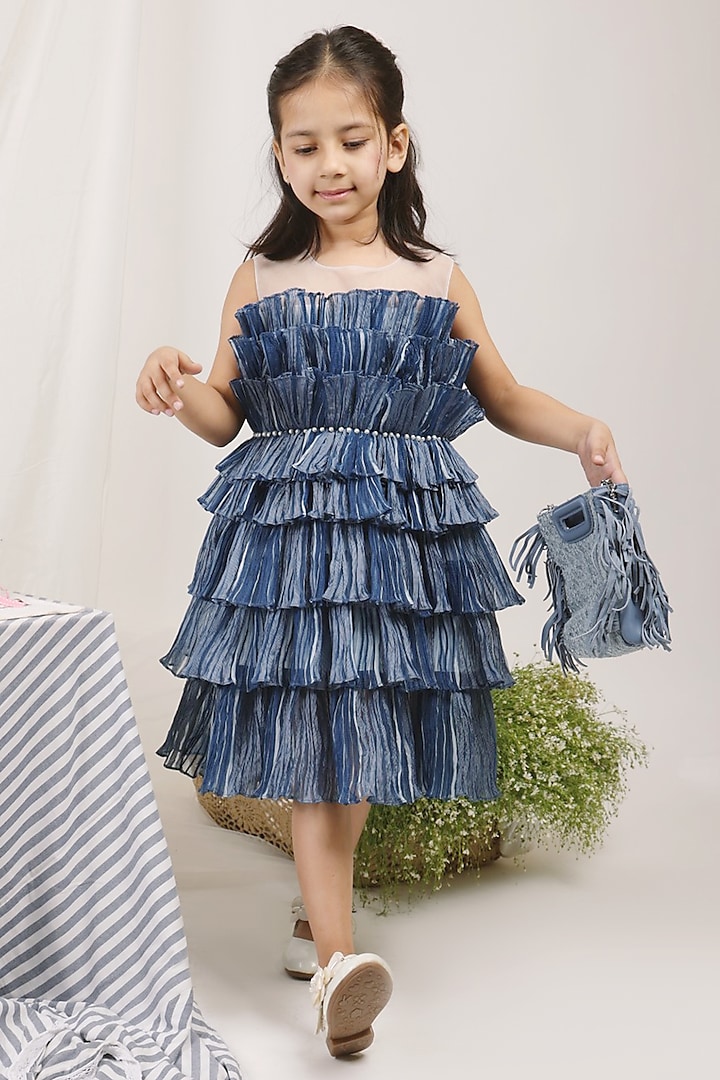 Blue Cotton Organza Textured Ruffled Dress For Girls by Les Petits at Pernia's Pop Up Shop