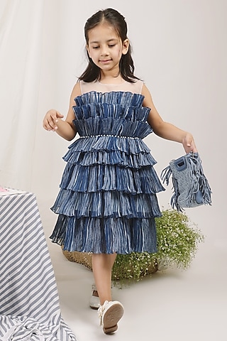 Blue Cotton Organza Textured Ruffled Dress For Girls by Les Petits