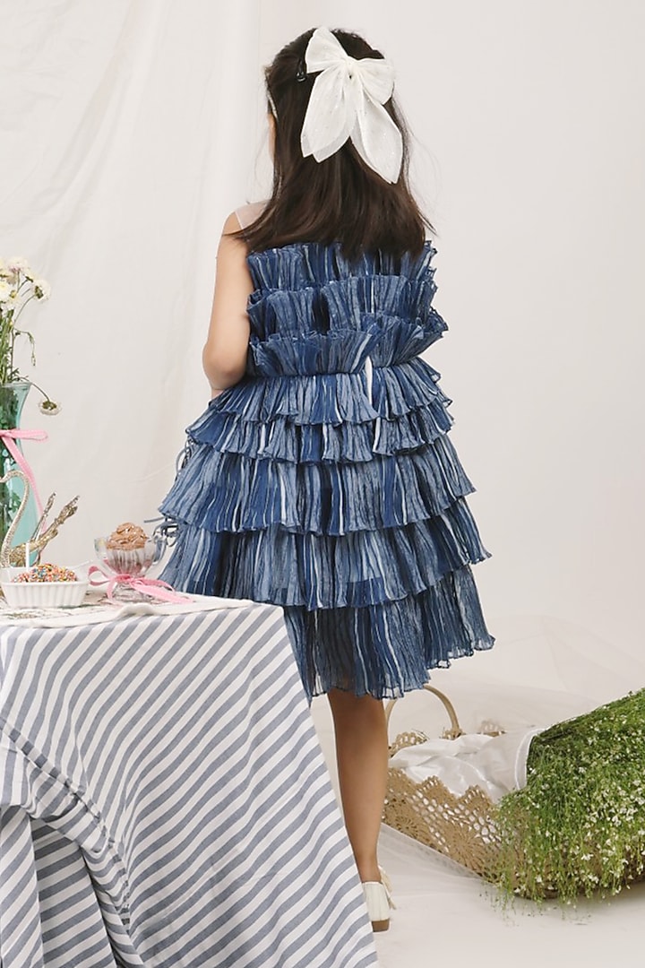 Blue Cotton Organza Textured Ruffled Dress For Girls by Les Petits at Pernia's Pop Up Shop