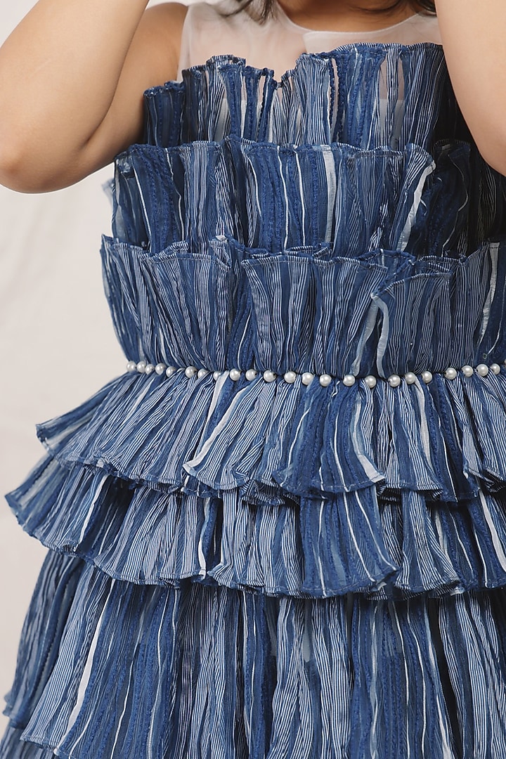 Blue Cotton Organza Textured Ruffled Dress For Girls by Les Petits at Pernia's Pop Up Shop