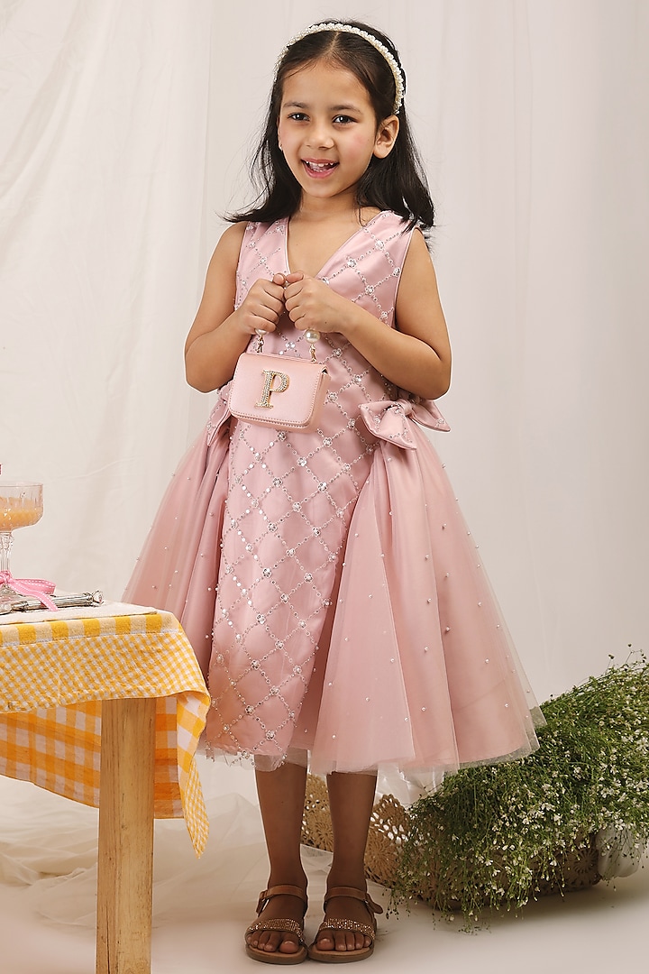 Pastel Pink Satin & Soft Tulle Embellished Dress For Girls by Les Petits at Pernia's Pop Up Shop